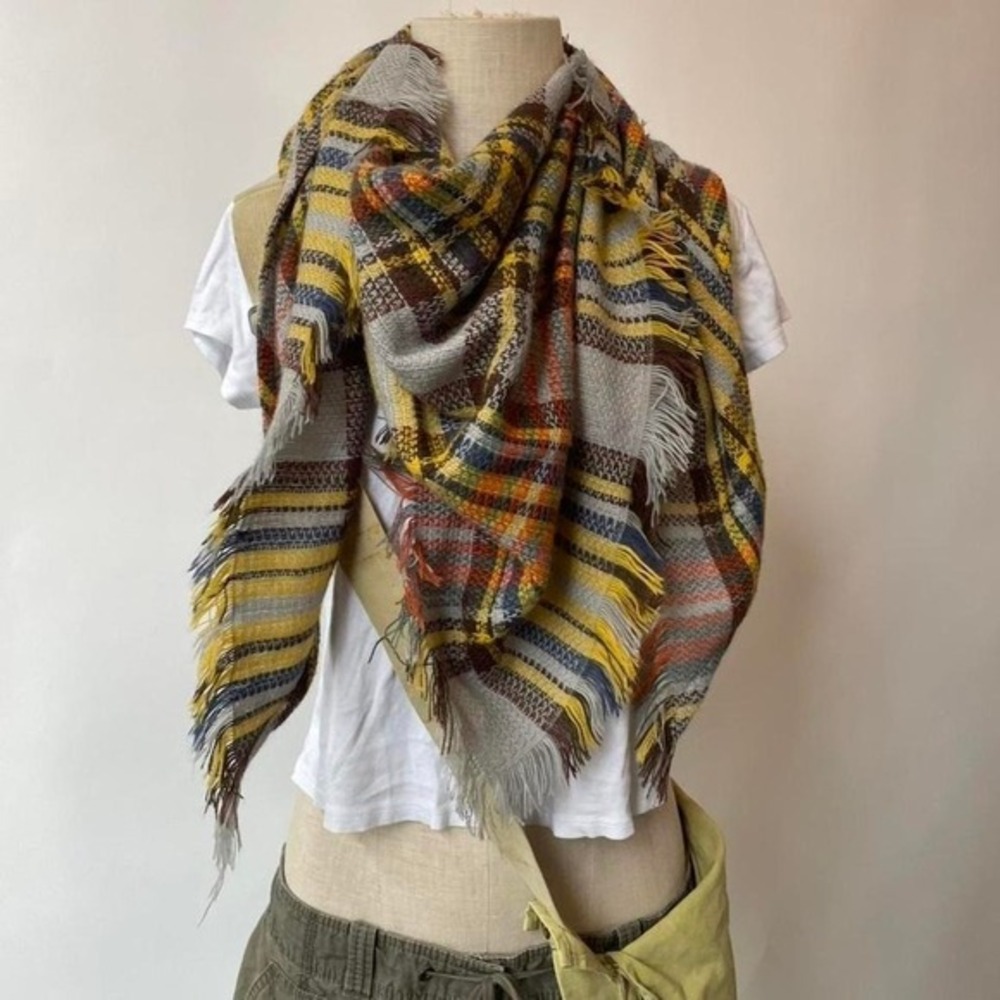 Yellow and brown plaid scarf with fringe